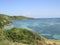 Fishing boats in turquoise waters. Tropical landscape. Caribbean vegetation