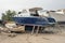 Fishing boats, wooden boats and ships on the lift in a shipyard in Bodrum, Turkey