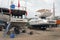 Fishing boats, wooden boats and ships on the lift in a shipyard in Bodrum, Turkey