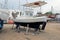 Fishing boats, wooden boats and ships on the lift in a shipyard in Bodrum, Turkey