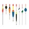 Fishing bobbers flat icons vector illustration. Fishing tools, fishing bobs, fishing icons. Fishing tools and fishing
