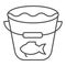 Fishing bucket thin line icon. Bucket with water and fish illustration isolated on white. The catch outline style design