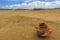 A fishing buoy washed up on a long stretch of beach