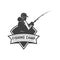 Fishing camp. Emblem template with fisherman. Design element for logo, label, sign, poster.