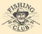 Fishing club emblem. Happy elderly fisherman and crossed fishing rods for catching fish. Vintage vector illustration