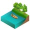 Fishing concept. Man fishing on a lake from the boat. Fisherman with rod. Flat 3d vector isometric illustration.