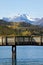 Fishing dock with lake and mountains behind Carcross, Yukon