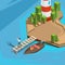 Fishing at dock. Outdoor berth fisherman in boat river or sea fishing with spinning active vacation time vector