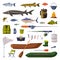 Fishing Equipment Set, Freshwater Fishes, Rod, Apparel, Boat, Accessories Cartoon Vector Illustration