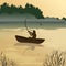 Fishing. Fisherman catches fish at sunrise. Morning nibble. A man in a boat floating on the lake. Person in the middle of the rive