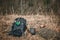 Fishing on the forest river. Cooking while hiking with a backpack