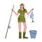 Fishing girl cartoony character,hobby and recreation.Flat hand-drawn woman is enjoying vacation,holding fishing rod and catch in