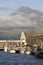 Fishing harbor in Horta. Faial island. Pico peak. Azores. Portug