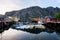 The fishing harbour of Nusfjord in the Lofoten islands in Norway during the midnight sun.