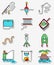 Fishing hobby icons set in line art thin and simply colorful sty
