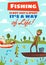 Fishing hobby sport vector cartoon poster