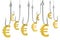 Fishing hooks with symbol of euro, 3D rendering