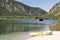 Fishing hut and a boat at Almsee Lake. Austria