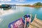 Fishing huts on brackish lagoon