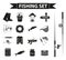 Fishing icon set, black silhouette, outline style. Fishery collection objects, design elements, isolated on white