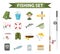 Fishing icon set, flat, cartoon style. Fishery collection objects, design elements, isolated on white background