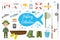 Fishing icon set, flat, cartoon style. Fishery collection objects, design elements, on white background