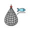 Fishing industry trawler net and fish line icon