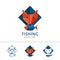 Fishing logotype. Fox holding a fish. Flat style, vector illustration.