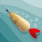 Fishing lure. Golden bait with a red tail and a triple hook. Vector Image.