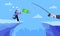 Fishing money chase business concept with businesswoman running after dangling dollar jumps over the cliff.