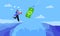Fishing money chase business concept with businesswoman running after dangling dollar jumps over the cliff.