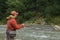 Fishing on mountain river in summer