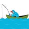 Fishing in nature. Fishing, quiet hunting. Vector character man on white background sitting in a boat and holding a fishing pole