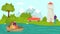 Fishing at nature lake, vector illustration. People character leisure, hobby activity recreation at summer river water