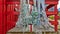 Fishing nets blue and green hanging on the fence or porch red