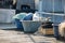 Fishing nets and fenders in old vats on the jetty in the port of Travemunde, Lubeck, on the Baltic Sea, copy space, selected focus