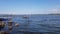 Fishing platform on the river. Wooden pier.