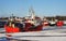 Fishing port in winter, fishing boat goes for fishing, trawler, Kolobrzeg, Poland.