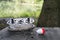 Fishing reel with fishing line, red and white float, hook and sinker on wooden table on natural background