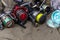 Fishing reels with line different colors