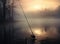 Fishing rod, spinning reel on the background pier river bank. Sunrise. Fog against the backdrop of lake. Misty morning