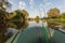 Fishing rural landscape. Fishing rods on rubber boat