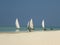 Fishing sailboats at high tide near the beach at noon