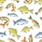 Fishing seamless pattern with fish. Watercolor cute background for fisherman.