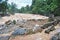 Fishing set at the Khone Phapheng falls on the Mekong River in Laos during the Monsoon flooding