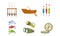 Fishing Sport Equipment Set, Fishing Rod, Wooden Boat, Tackle, Compass, Flashlight, Binoculars Vector Illustration