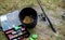 Fishing tackle on the river bank, bait rod, spinning rod, fish. Selective focus