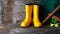 Fishing tackle and yellow rubber boots on  wooden vintage background with place for adding text