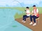 Fishing with teenager son flat color vector illustration