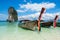 Fishing thai boats and landmark at Po-da island, Krabi Province, Andaman Sea, South of Thailand.